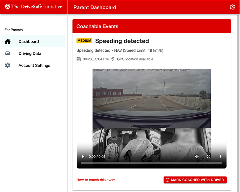 A screenshot of a parent dashboard interface from The DriveSafe Initiative, showing a coaching event for a speeding driver with a video preview and a live location and trip history map.